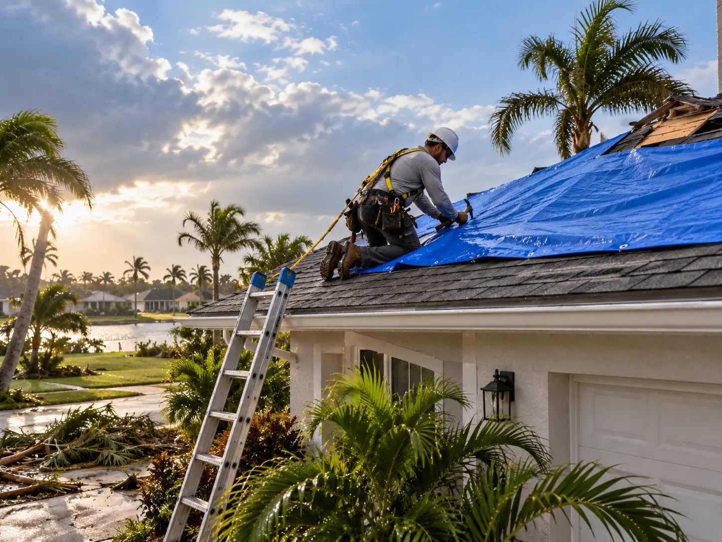Emergency roof tarp installed after storm damage on a Florida home