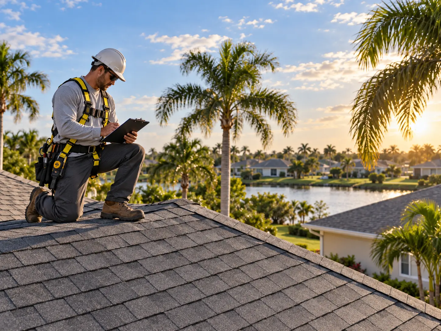 Roofer documenting roof inspection findings on a Palm Bay home