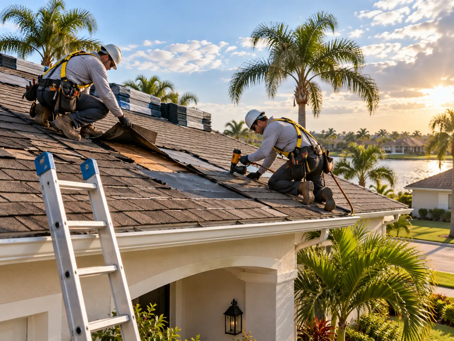 Roofers replacing damaged asphalt shingles on a Palm Bay Florida house